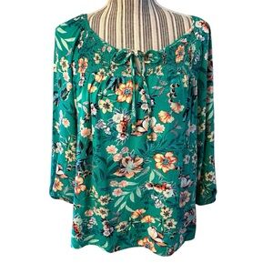 Sara Michelle Peasant Top XL Petite Green Tropical Floral Print Rayon Blouse